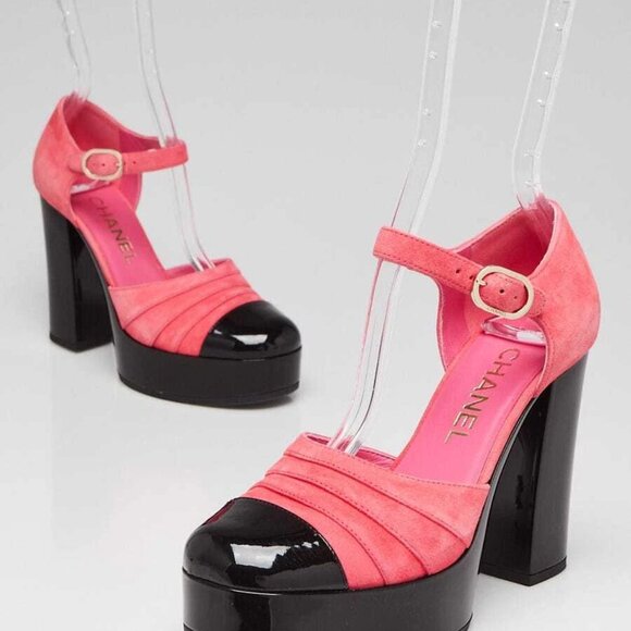 Chanel Rose Fonce/Suede/Patent Leather CapToe Platform Maryjane Shoes 595-050725